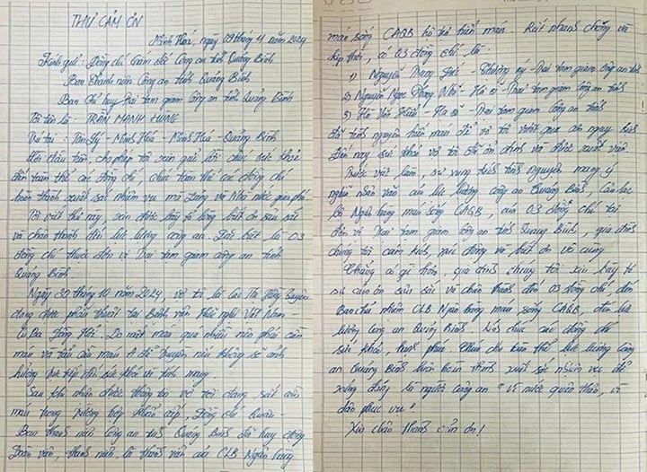 Lá Thư Cảm Ơn Dài Gần 2 Mặt Giấy Được Anh Hùng Viết Và Gửi Đến Công An Quảng Bình. (Ảnh: Ca Quảng Bình)